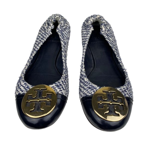 TORY BURCH Reva Navy Blue Tweed Gold Logo Medallion Cap Toe Ballet Flats - Picture 1 of 9